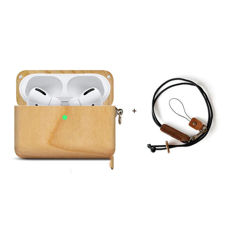 Solid wood hard shell case for Bluetooth earphones compatible with Apple iPhones, shown in various wood finishes.