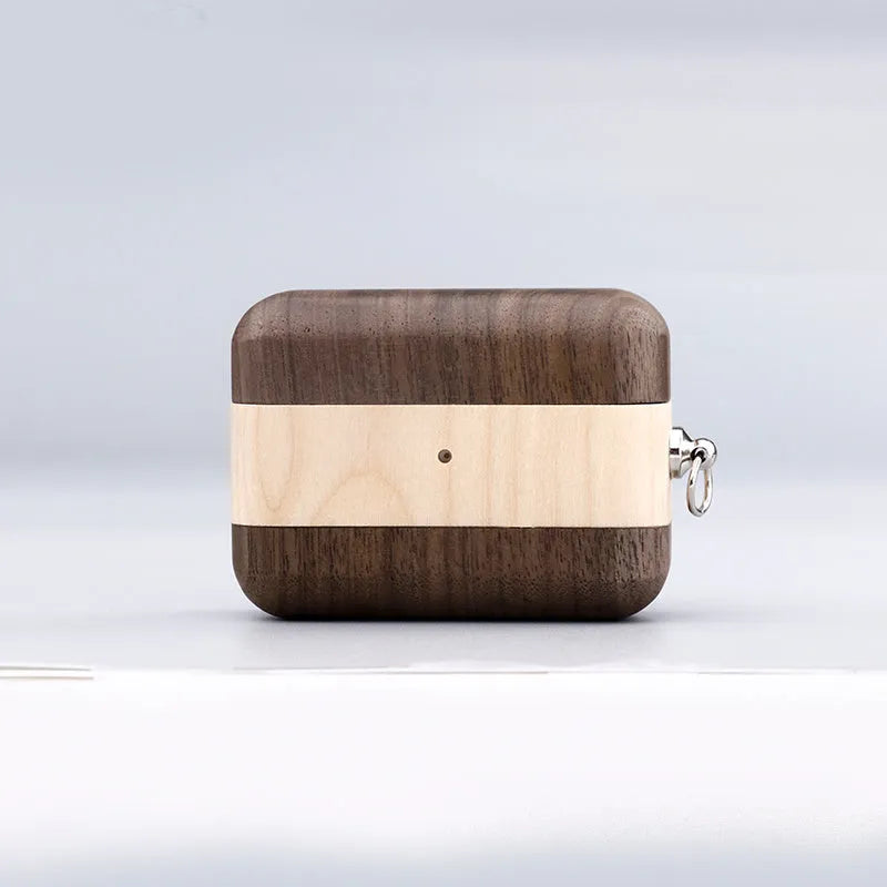 Solid wood hard shell case for Bluetooth earphones compatible with Apple iPhones, shown in various wood finishes.