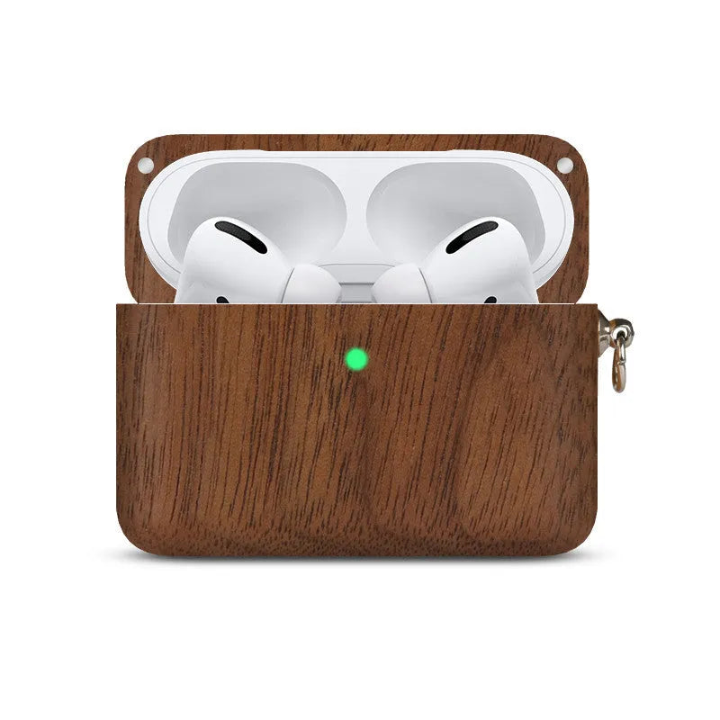 Solid wood hard shell case for Bluetooth earphones compatible with Apple iPhones, shown in various wood finishes.
