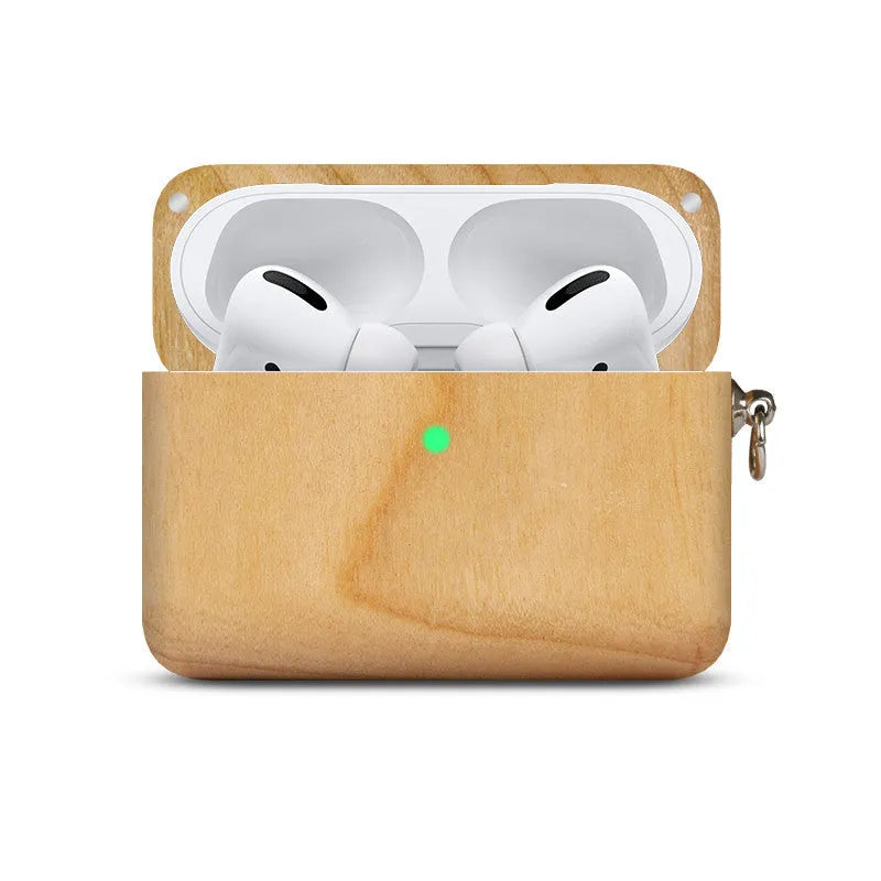 Solid wood hard shell case for Bluetooth earphones compatible with Apple iPhones, shown in various wood finishes.