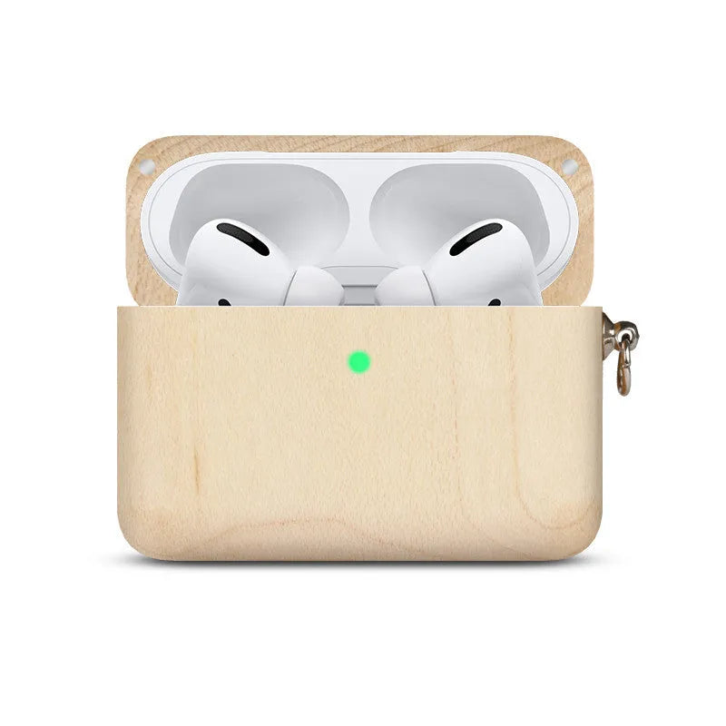 Solid wood hard shell case for Bluetooth earphones compatible with Apple iPhones, shown in various wood finishes.