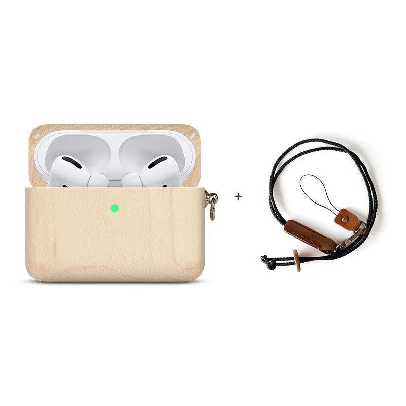 Solid wood hard shell case for Bluetooth earphones compatible with Apple iPhones, shown in various wood finishes.