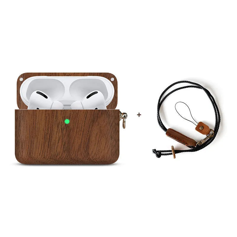 Solid wood hard shell case for Bluetooth earphones compatible with Apple iPhones, shown in various wood finishes.