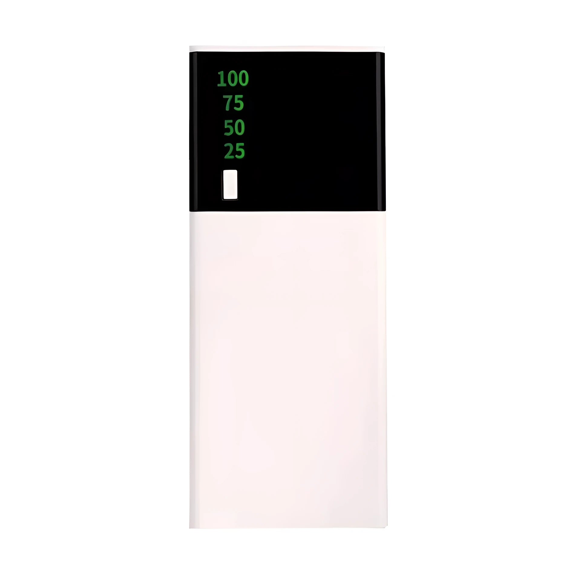 Black 20000mAh portable power bank with plastic shell showing dimensions of 135mm by 60mm