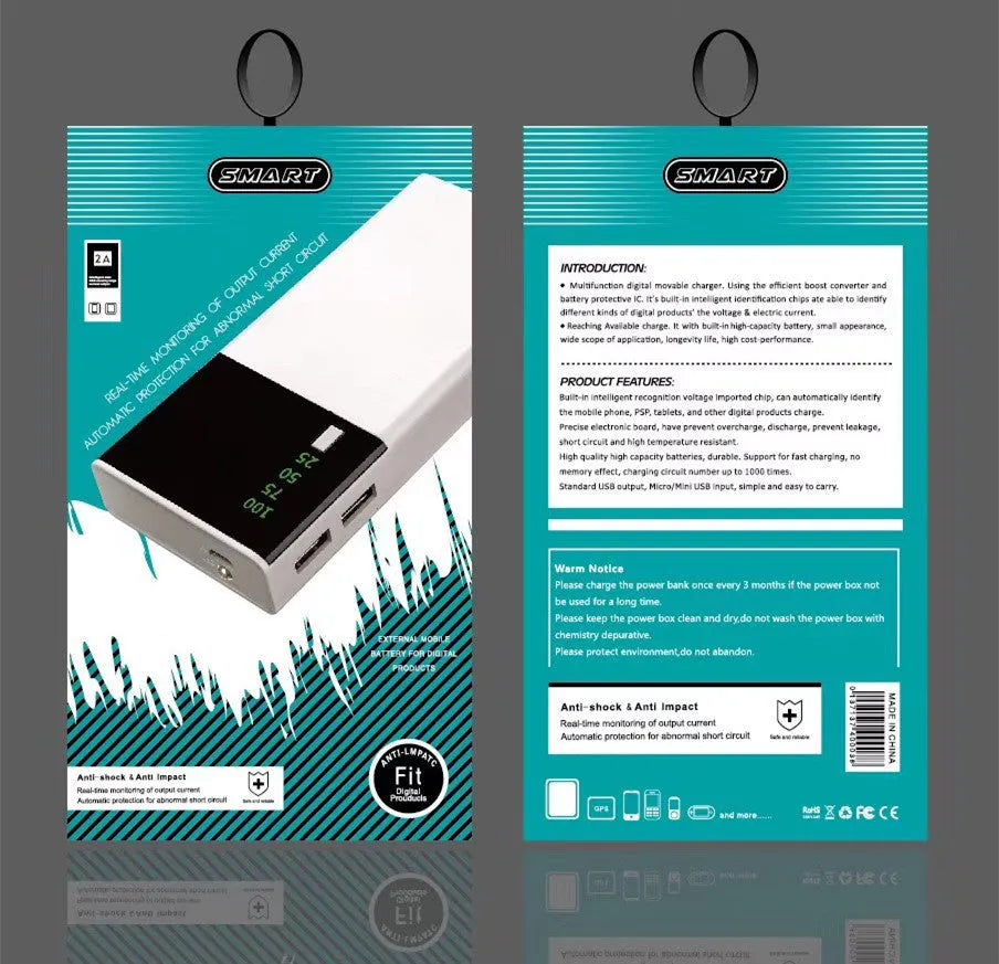 Black 20000mAh portable power bank with plastic shell showing dimensions of 135mm by 60mm