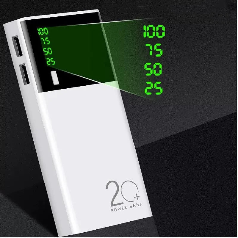 Black 20000mAh portable power bank with plastic shell showing dimensions of 135mm by 60mm