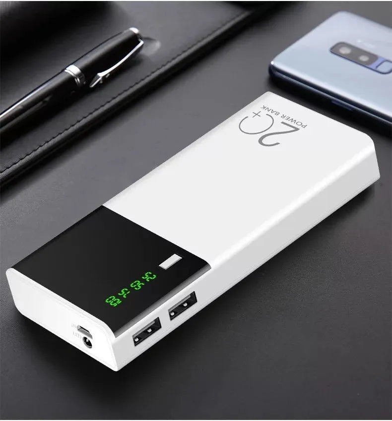 Black 20000mAh portable power bank with plastic shell showing dimensions of 135mm by 60mm