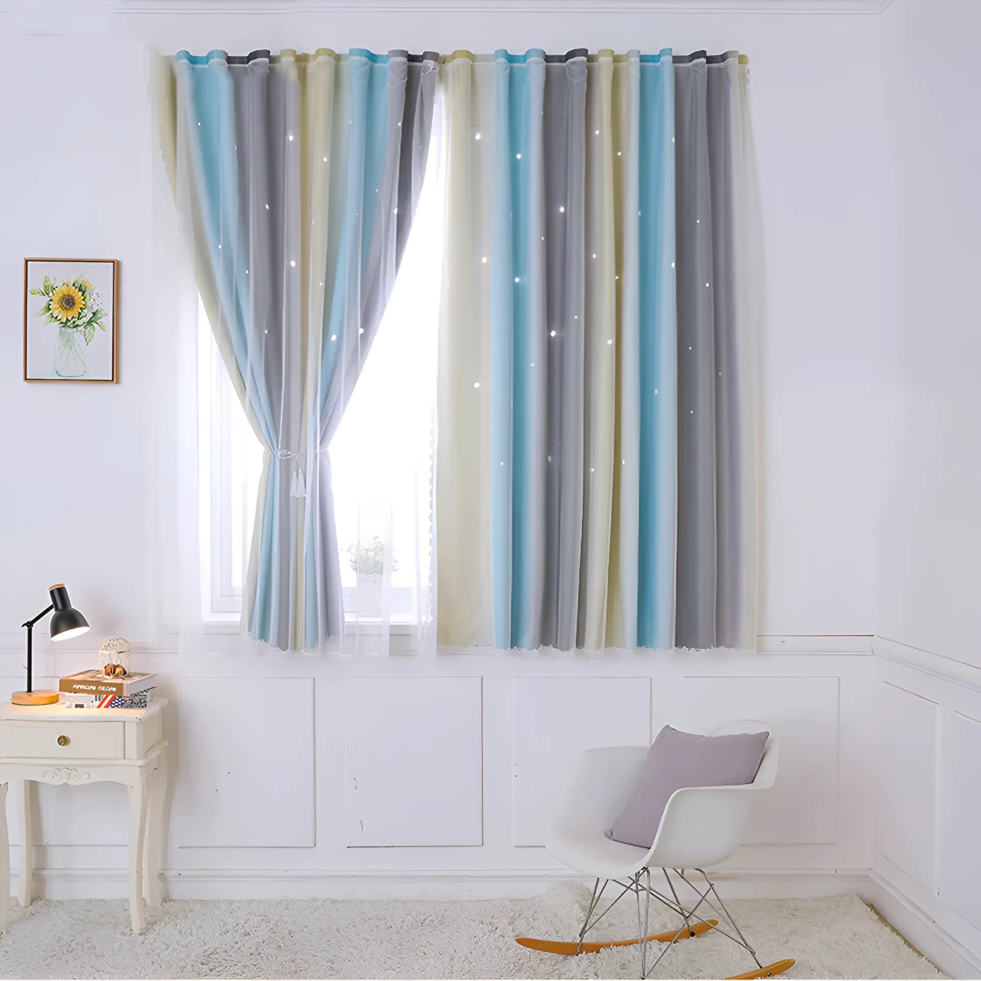 Grey and yellow rainbow gradient blackout curtains for bedroom with star cut design and no-drill adhesive installation