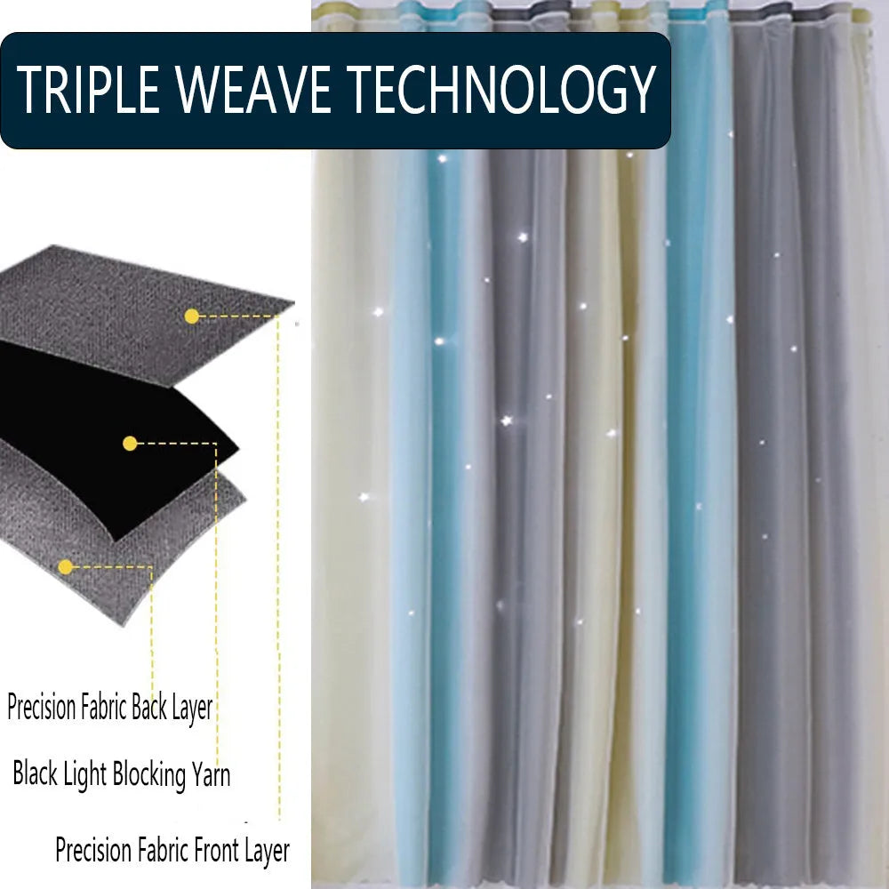 Grey and yellow rainbow gradient blackout curtains for bedroom with star cut design and no-drill adhesive installation