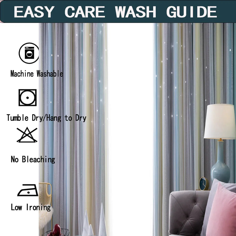 Grey and yellow rainbow gradient blackout curtains for bedroom with star cut design and no-drill adhesive installation
