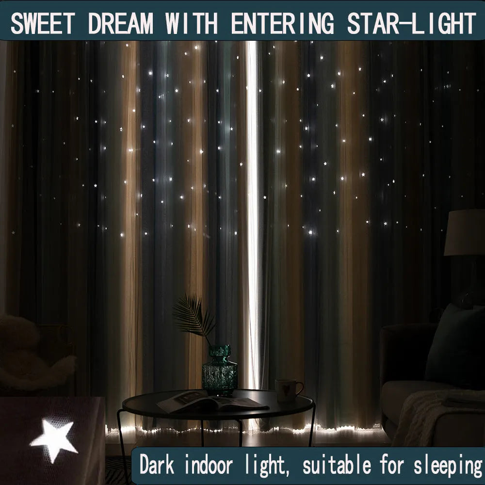 Grey and yellow rainbow gradient blackout curtains for bedroom with star cut design and no-drill adhesive installation
