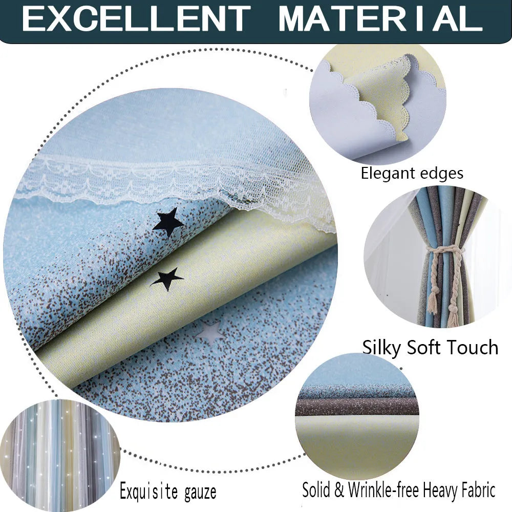 Grey and yellow rainbow gradient blackout curtains for bedroom with star cut design and no-drill adhesive installation