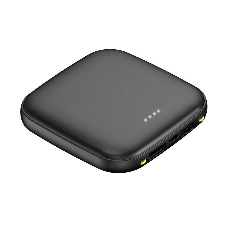 Compact black portable power bank with 20000mAh capacity and a small LED flashlight on its side.
