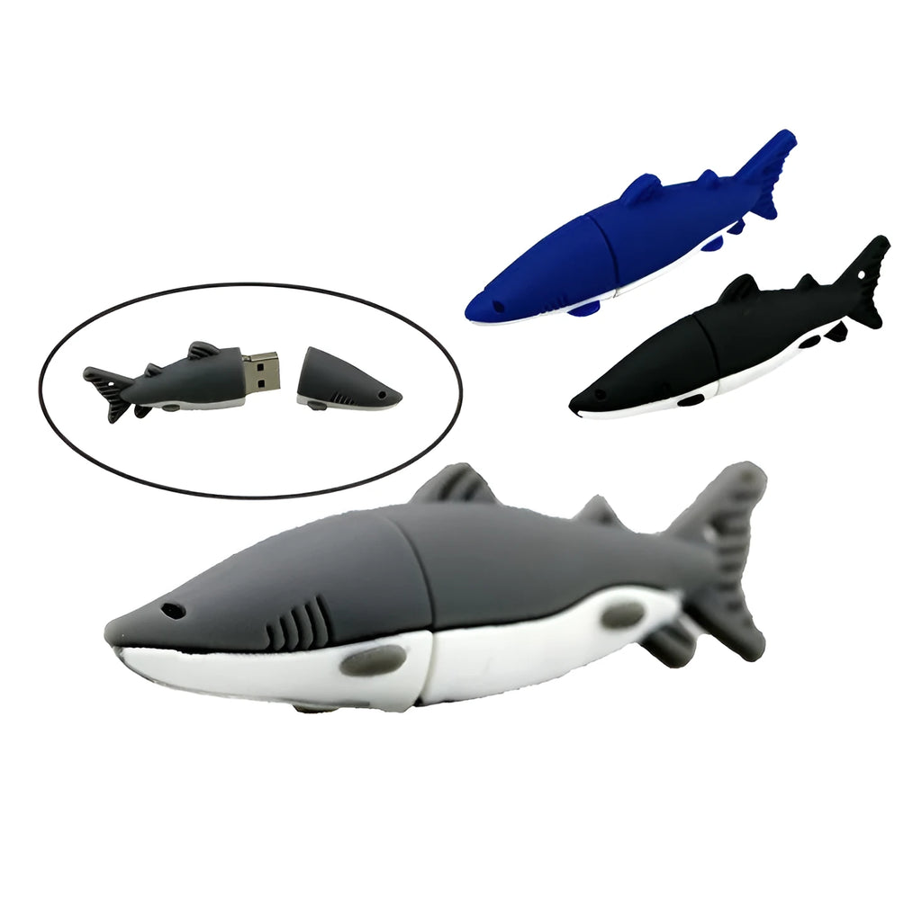 Cartoon shark USB flash drive with simulation marine animal design in black, blue, and grey colour options