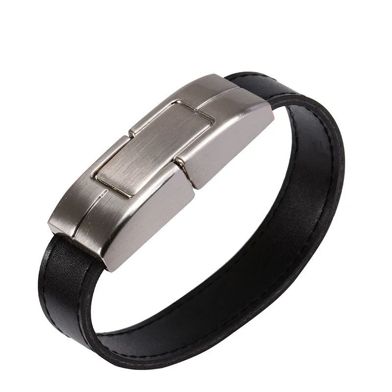 Leather case USB flash drive in black colour with custom LOGO printing, compact 200x23x12mm size