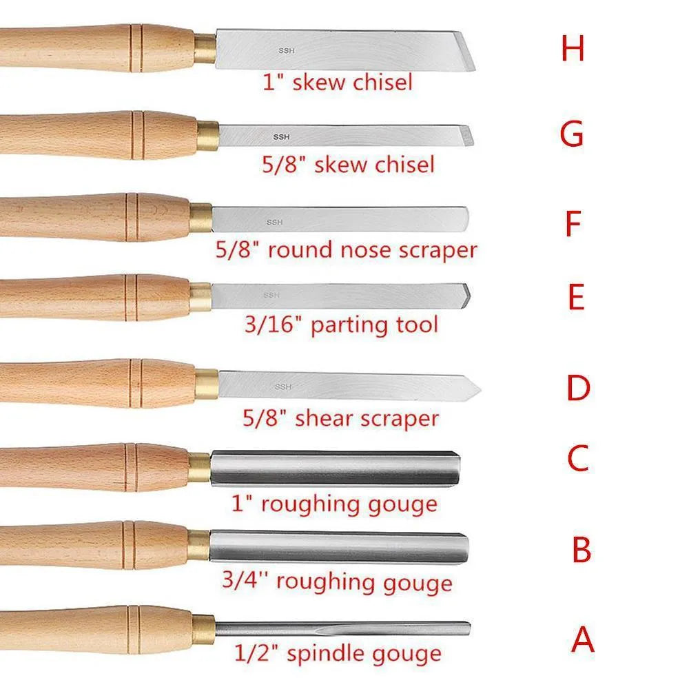 8-piece chrome vanadium steel woodturning tool set presented in an open wooden box.