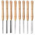 8-piece chrome vanadium steel woodturning tool set presented in an open wooden box.