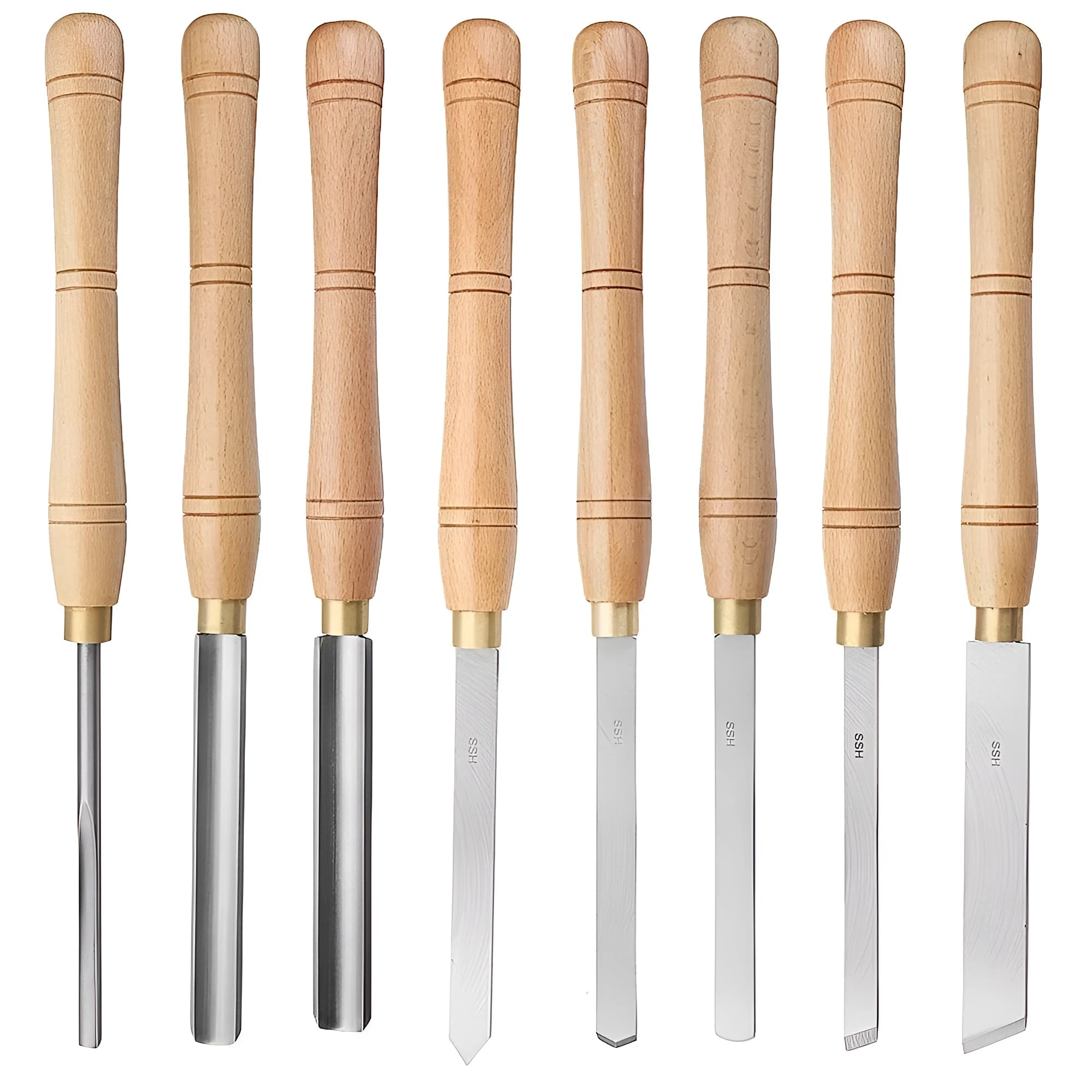 8-piece chrome vanadium steel woodturning tool set presented in an open wooden box.