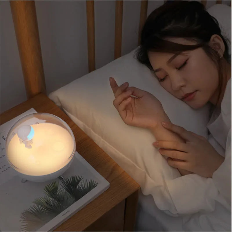 Cartoon LED night light with plastic shade showing blue and white colour options