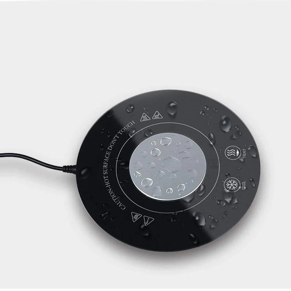 USB-powered hot and cold beverage coaster with tempered glass surface measuring 152x31mm