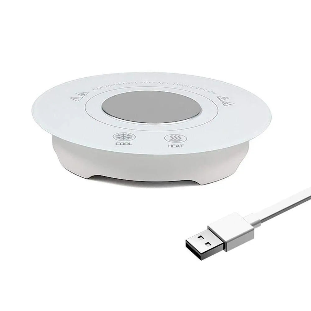 USB-powered hot and cold beverage coaster with tempered glass surface measuring 152x31mm