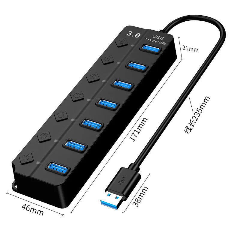 Black 7-port USB 3.0 hub with external power adapter showing seven USB ports