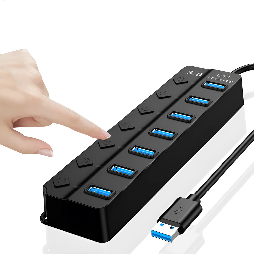 Black 7-port USB 3.0 hub with external power adapter showing seven USB ports
