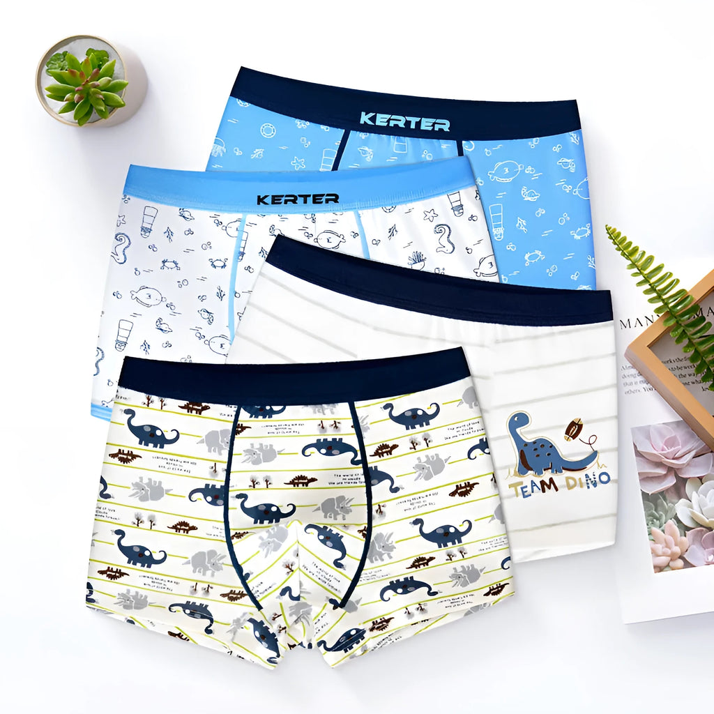 Boys cotton boxer briefs with dinosaur print, 95% cotton, available in sizes 110cm to 180cm