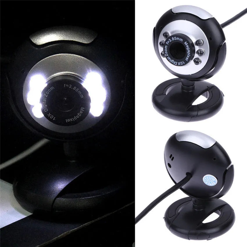 USB webcam with six white LED lights around the lens for night vision video calling