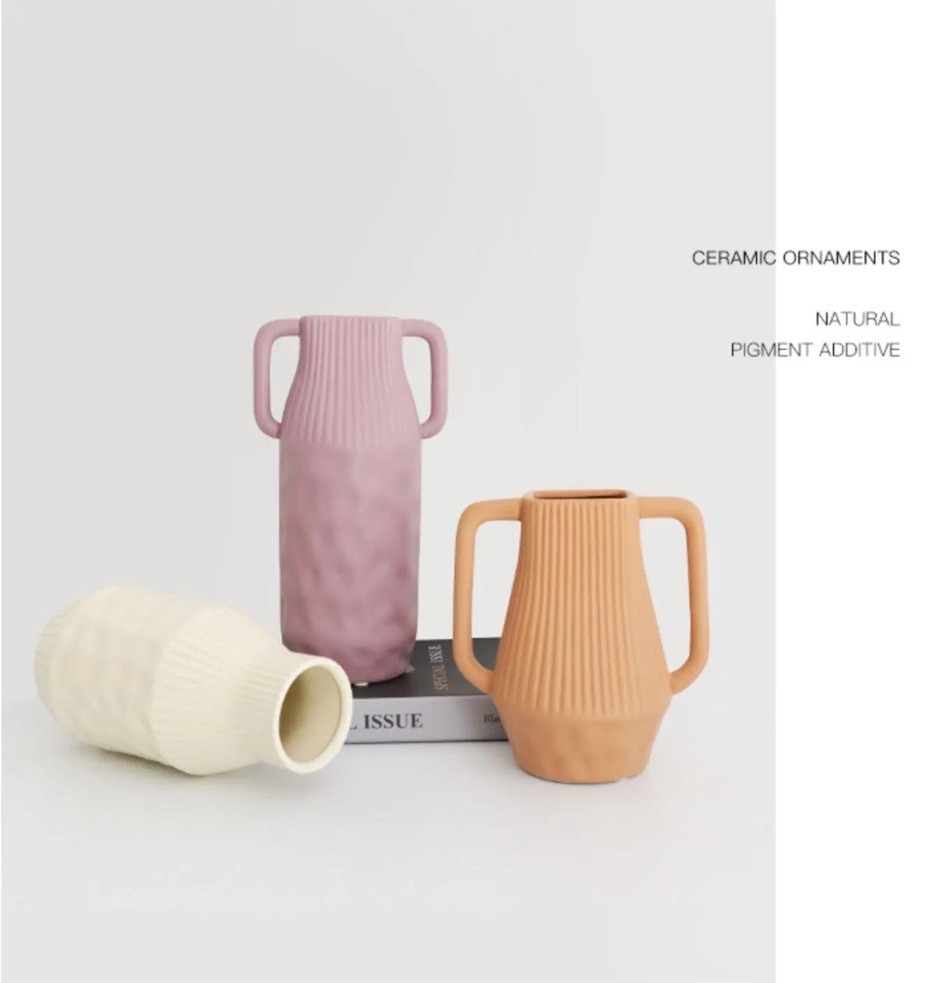 Nordic style ceramic vase with hammer texture glaze in beige, brown, or purple colours on a shelf.