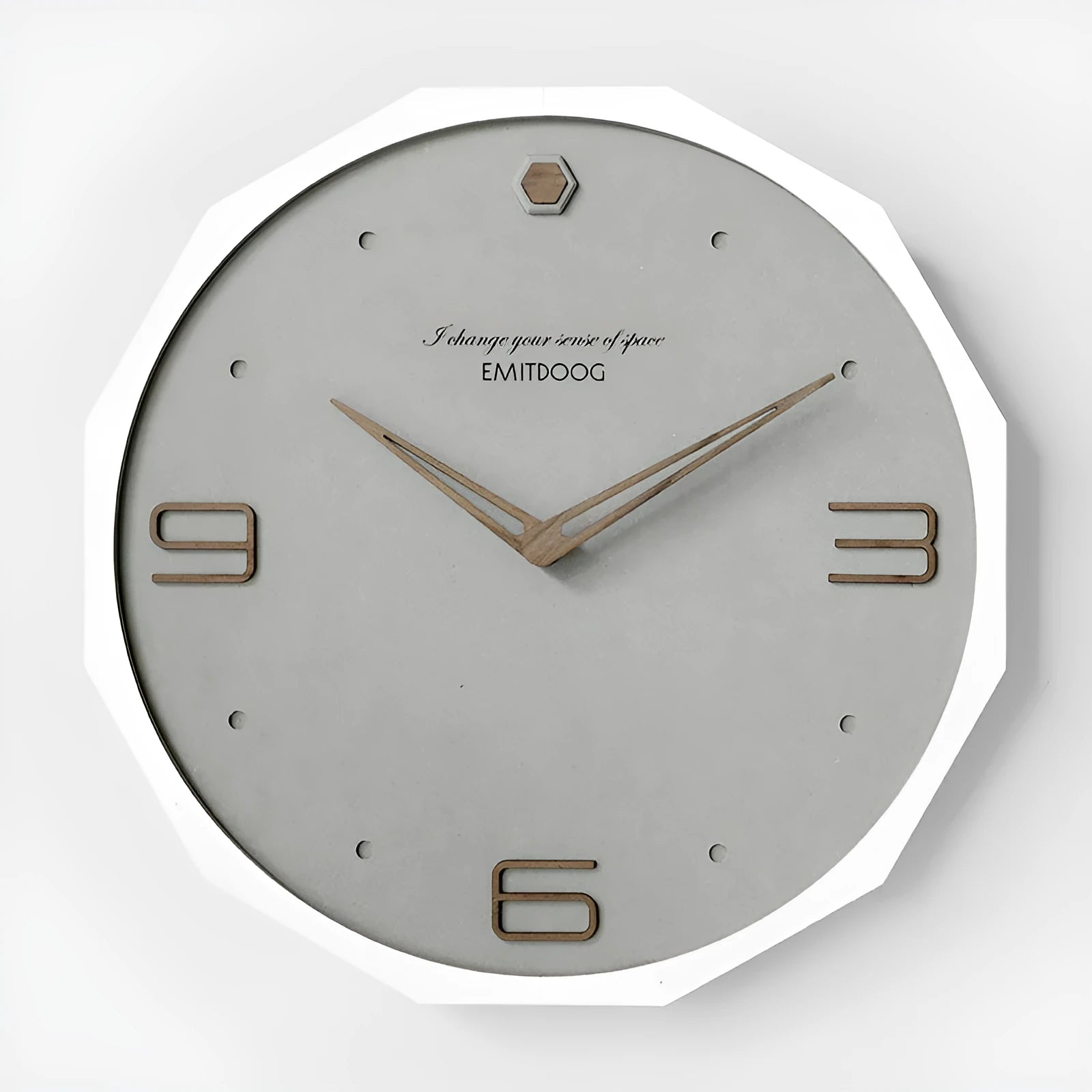 Nordic minimalist round wall clock with perforated numbers in 12-inch diameter