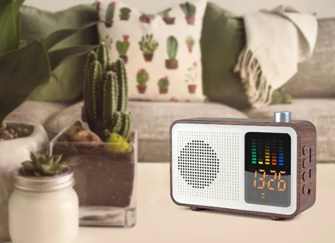 Brown wooden retro Bluetooth radio speaker with DAB and FM reception on wooden surface