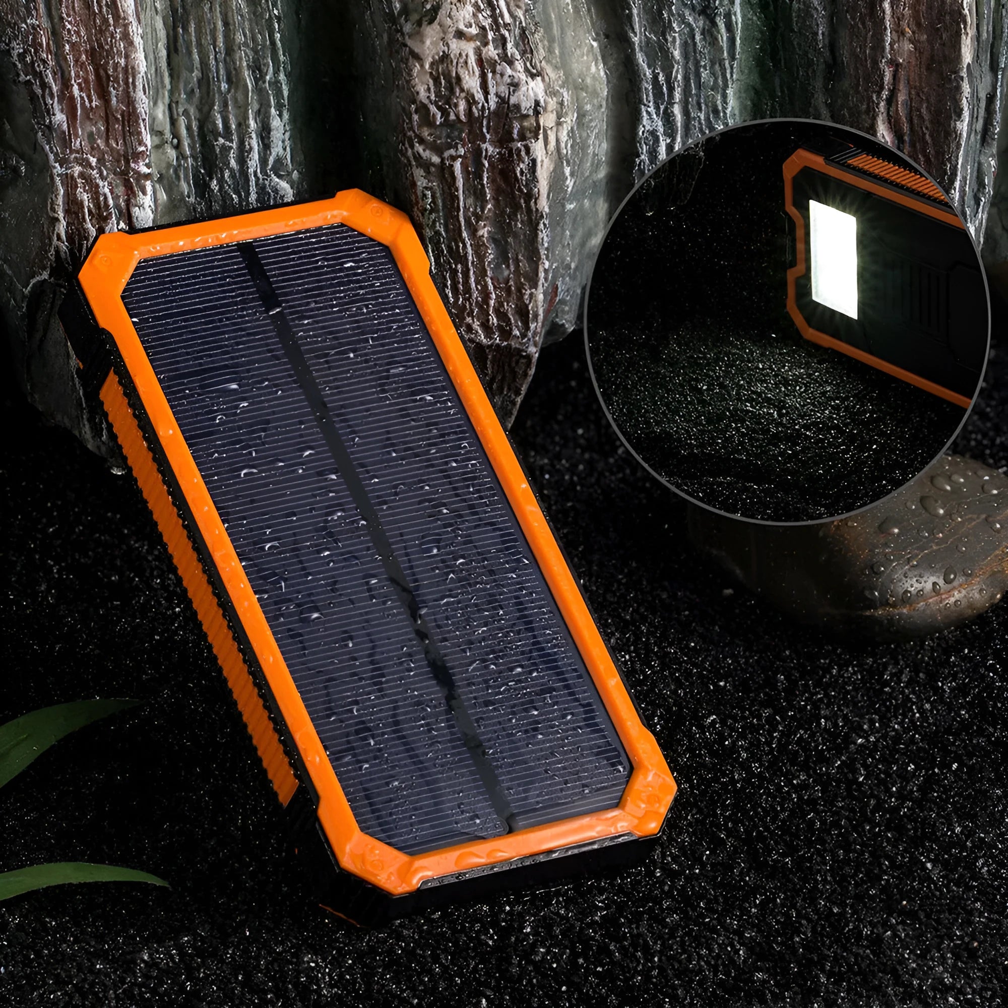 Orange, yellow, black, and green solar power bank with 20000mAh capacity and multiple USB ports.