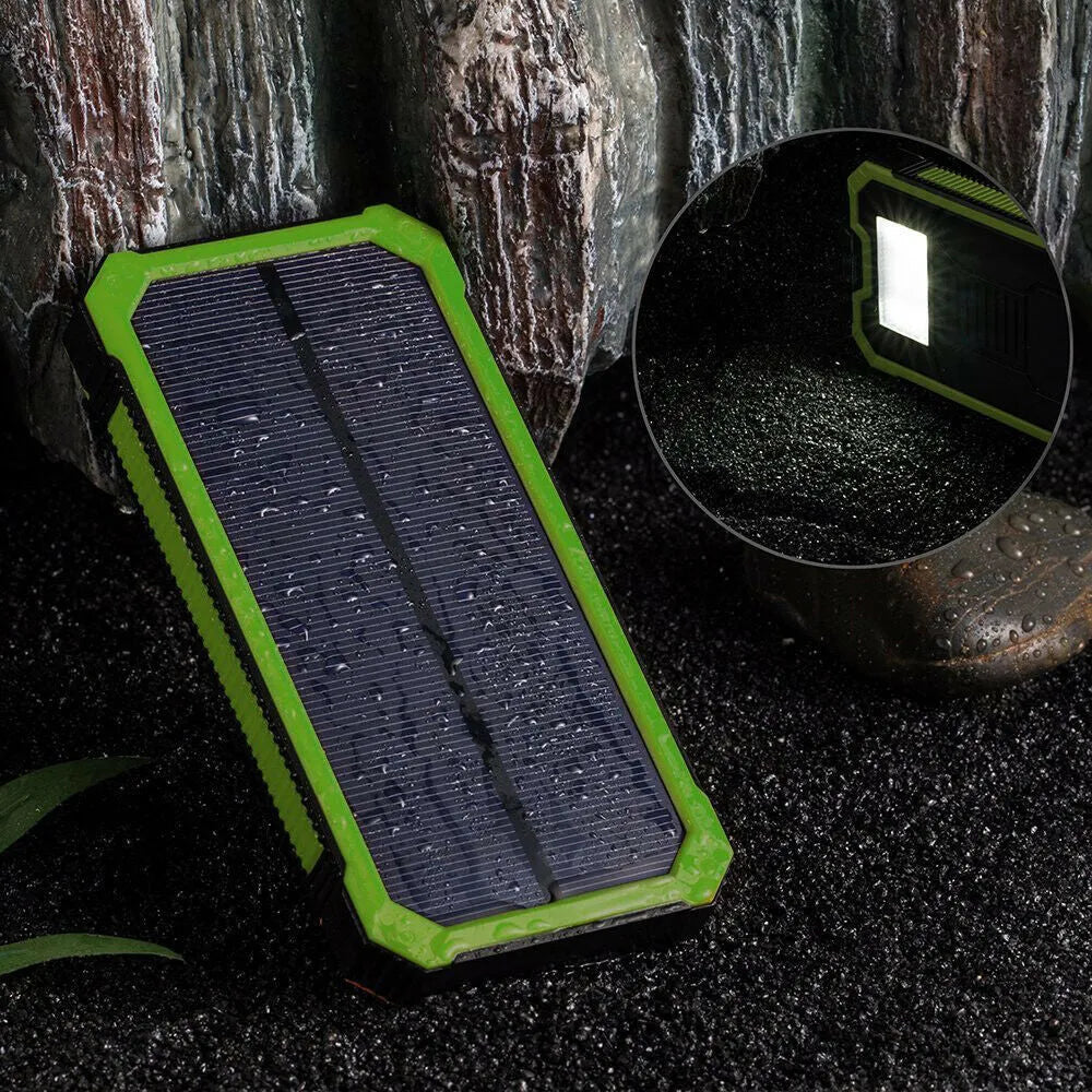 Orange, yellow, black, and green solar power bank with 20000mAh capacity and multiple USB ports.