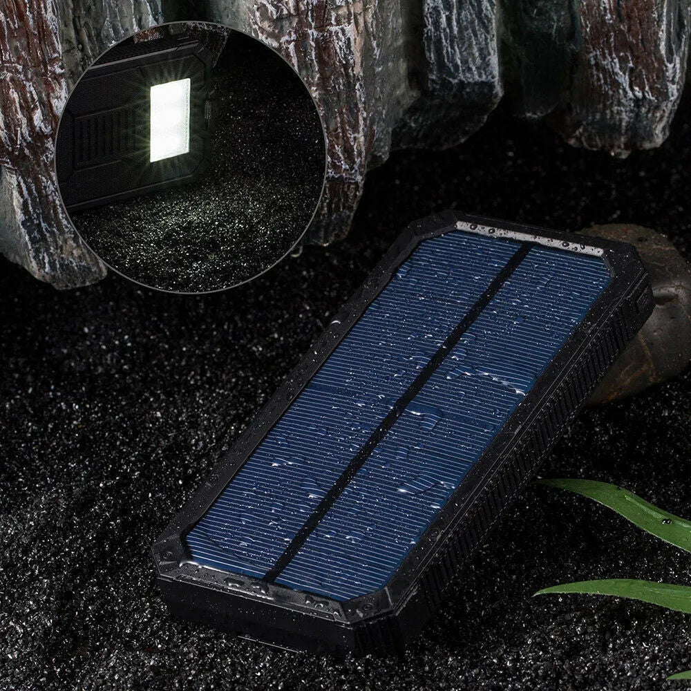 Orange, yellow, black, and green solar power bank with 20000mAh capacity and multiple USB ports.