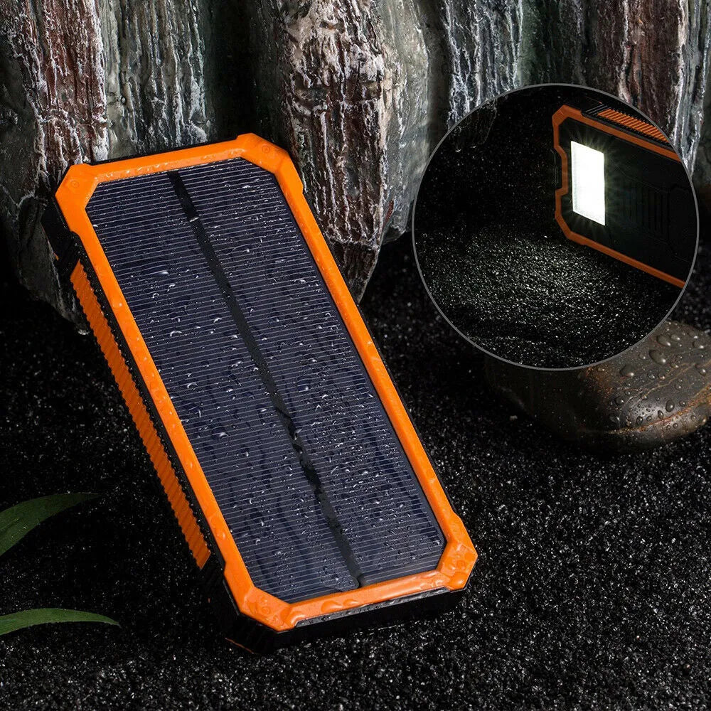 Orange, yellow, black, and green solar power bank with 20000mAh capacity and multiple USB ports.