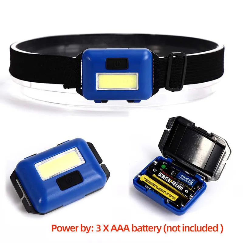 Compact black LED headlamp with a fabric head strap, shown in use.