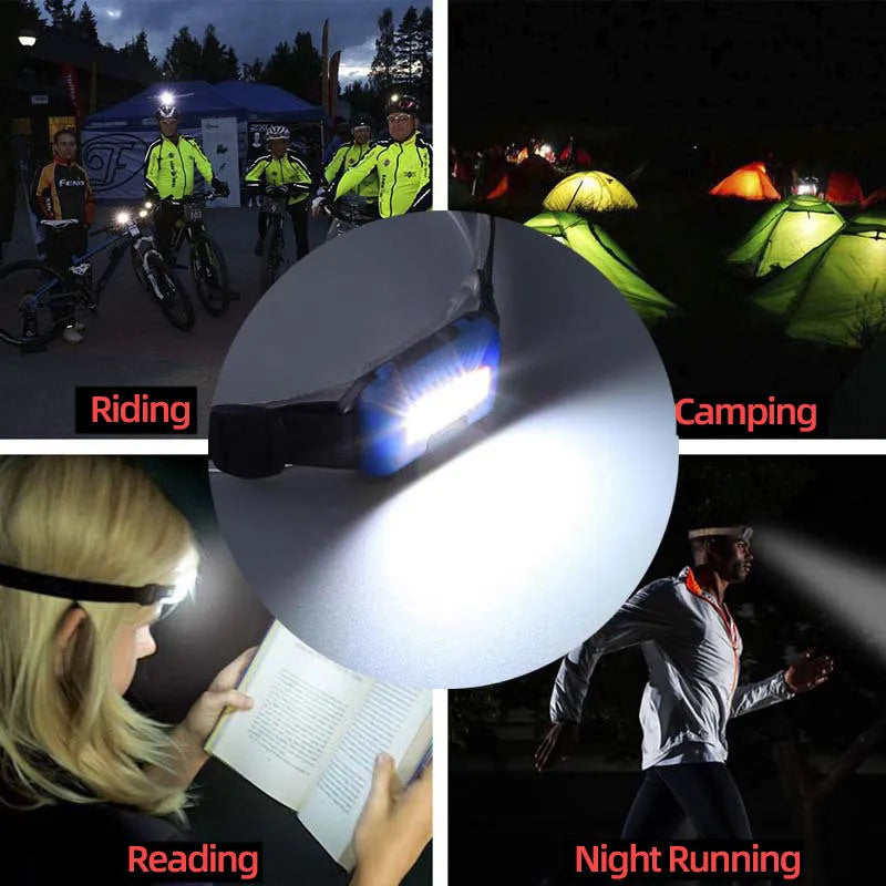 Compact black LED headlamp with a fabric head strap, shown in use.