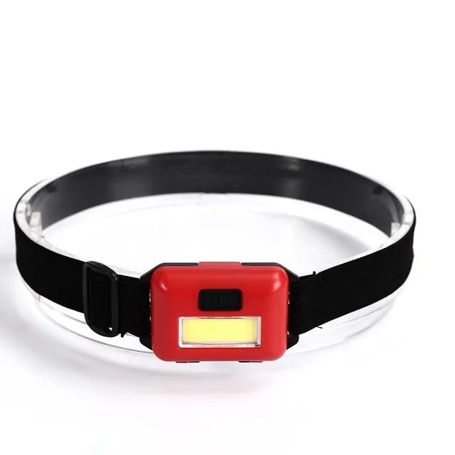Compact black LED headlamp with a fabric head strap, shown in use.