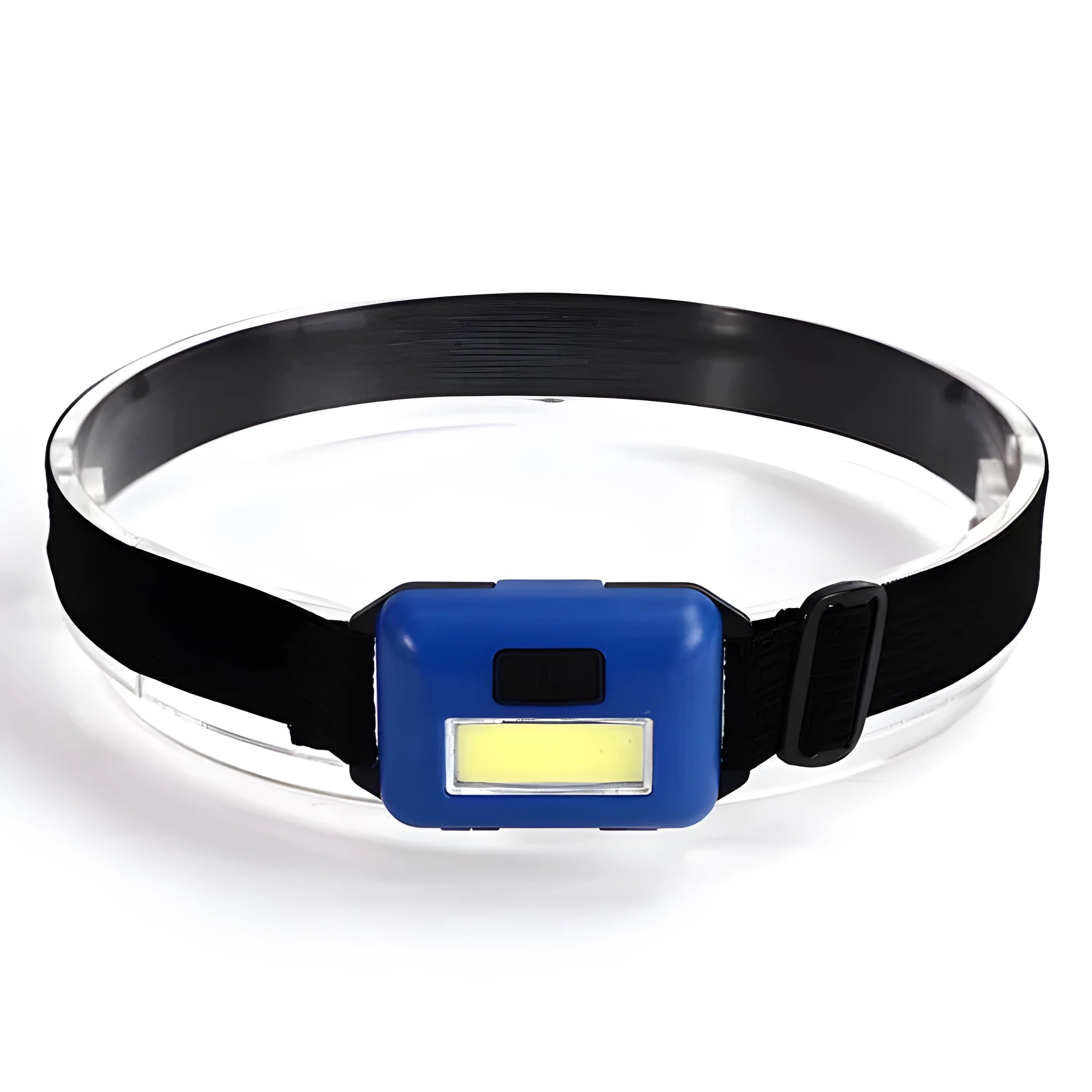 Compact black LED headlamp with a fabric head strap, shown in use.