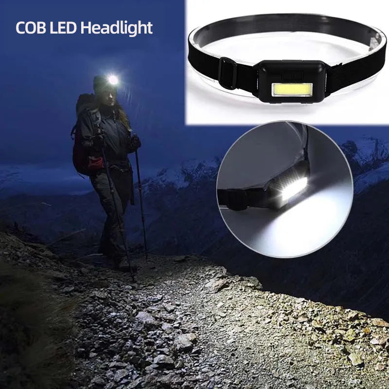 Compact black LED headlamp with a fabric head strap, shown in use.
