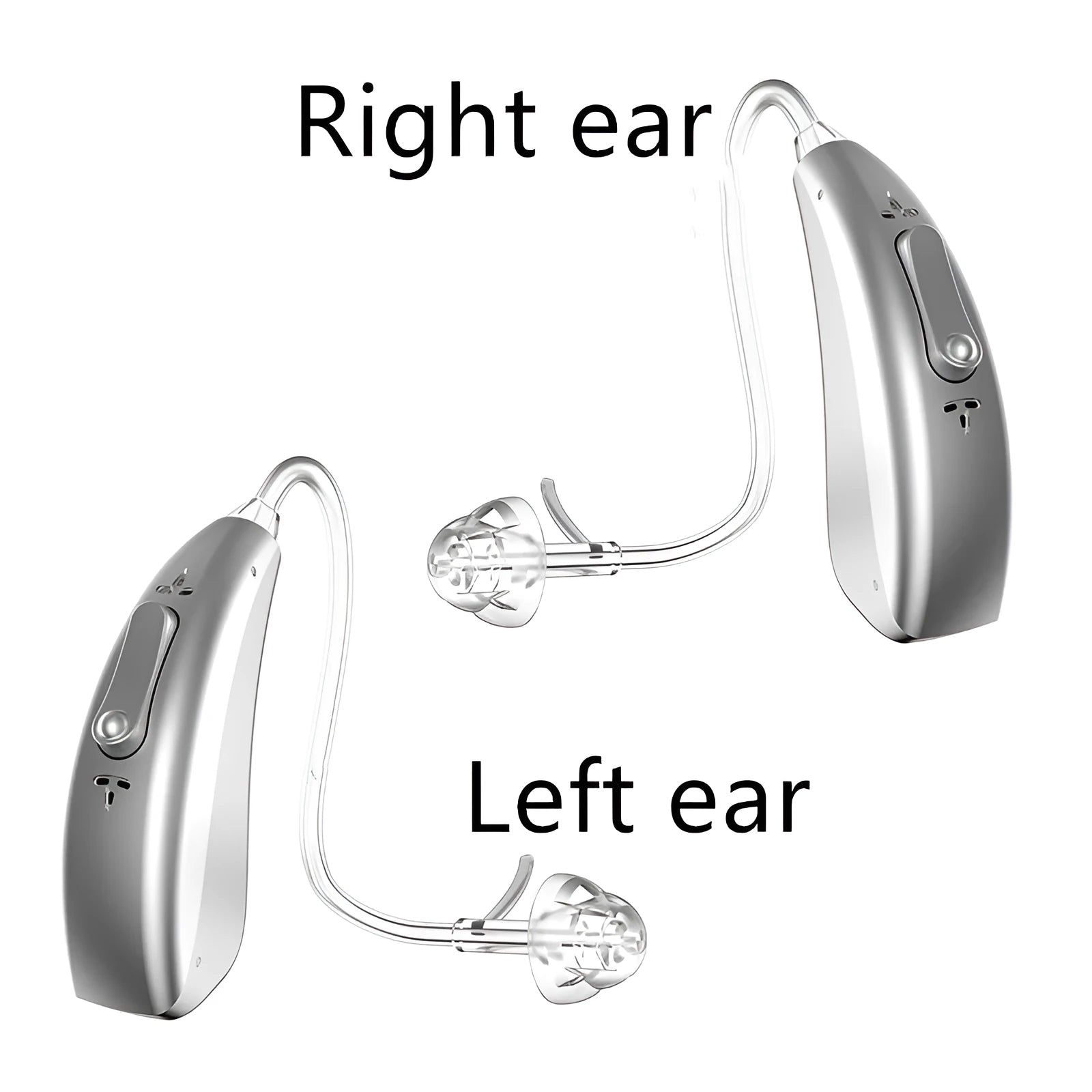 Invisible wireless hearing aid and its USB charging case on a table.