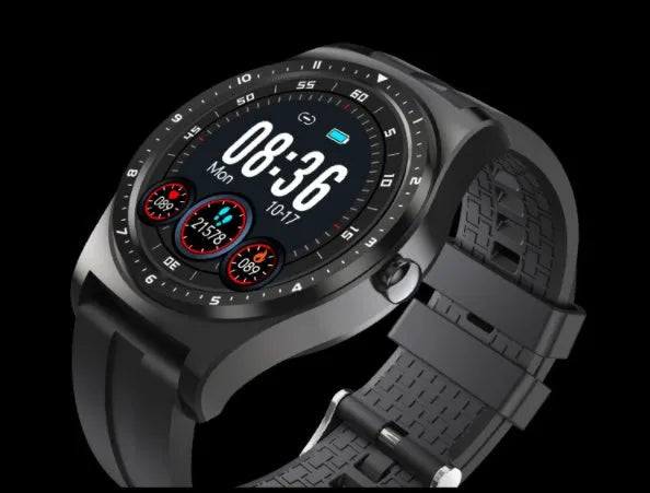 Black full touch smart watch with heart rate and blood pressure monitoring on a silicone wrist strap