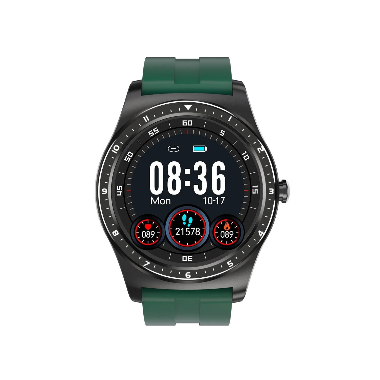 Black full touch smart watch with heart rate and blood pressure monitoring on a silicone wrist strap