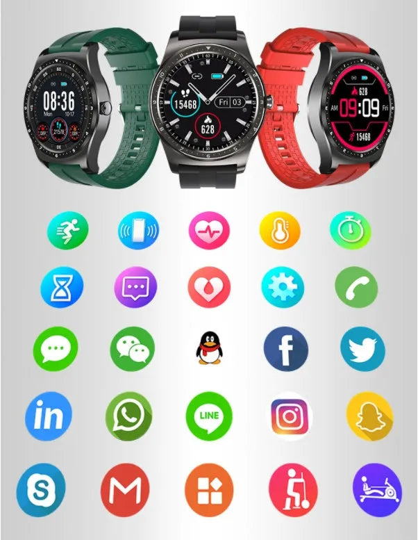 Black full touch smart watch with heart rate and blood pressure monitoring on a silicone wrist strap