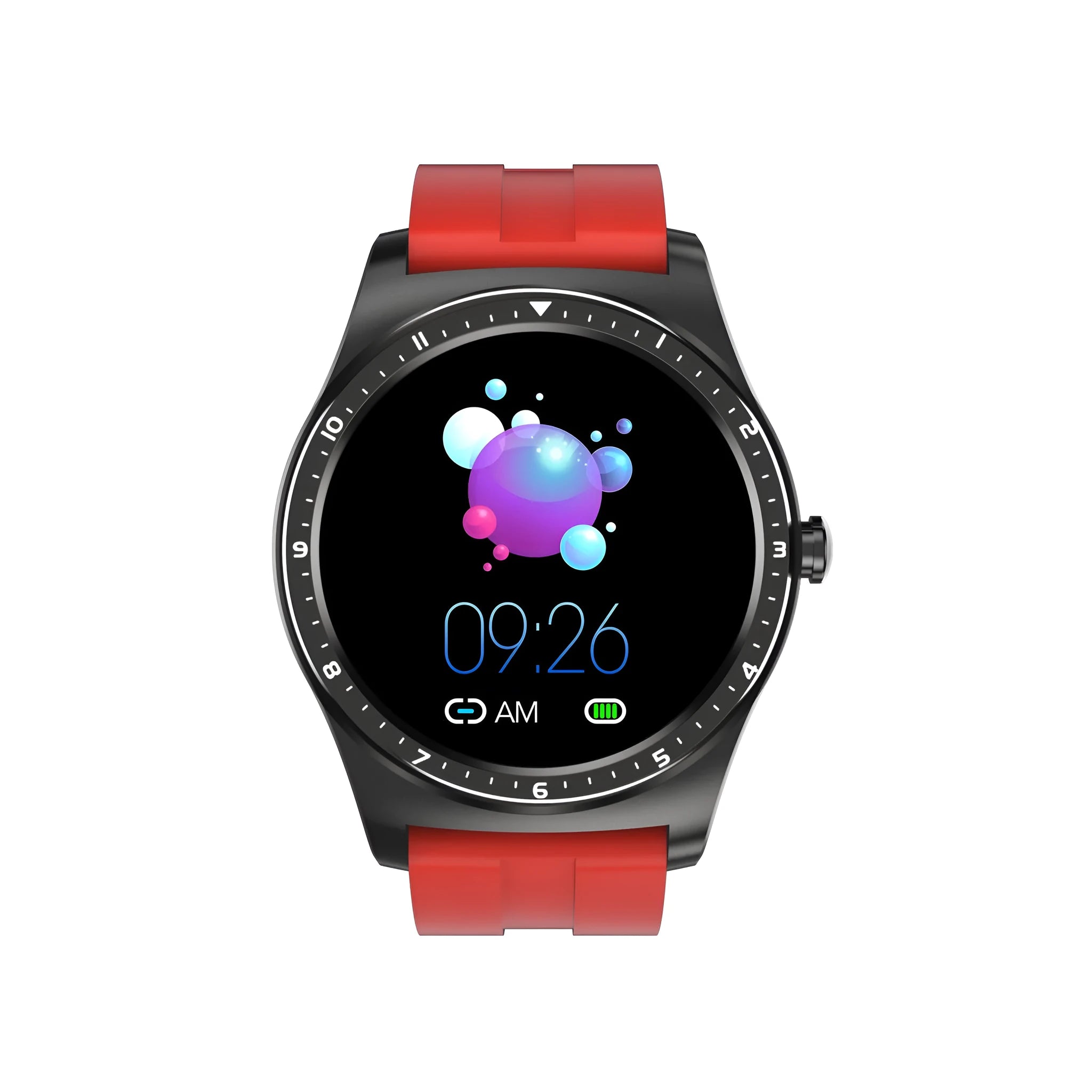 Black full touch smart watch with heart rate and blood pressure monitoring on a silicone wrist strap