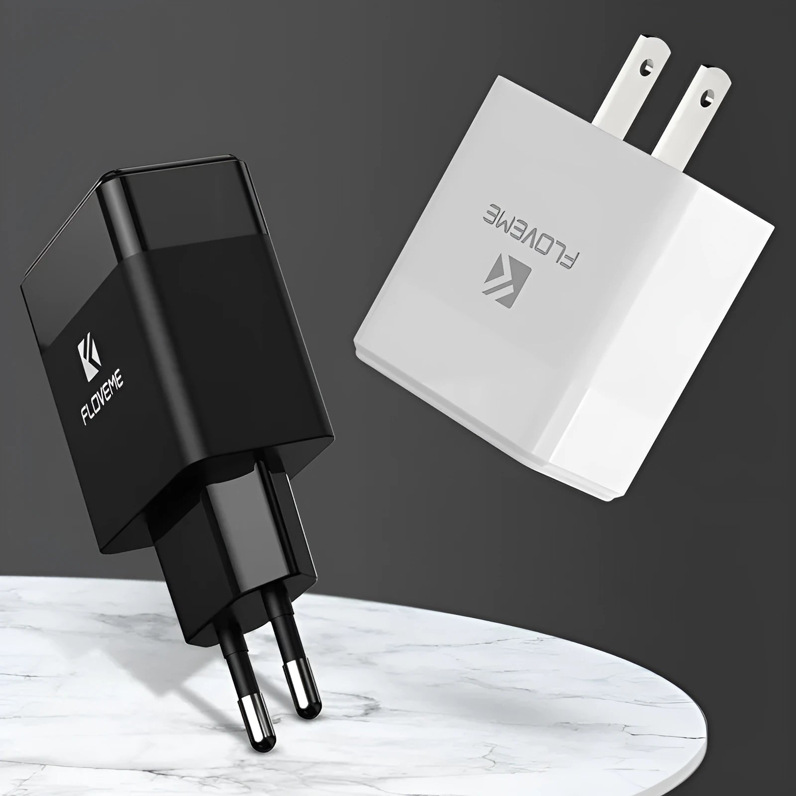 Black and white dual voltage travel charger with USB port for European and American standards