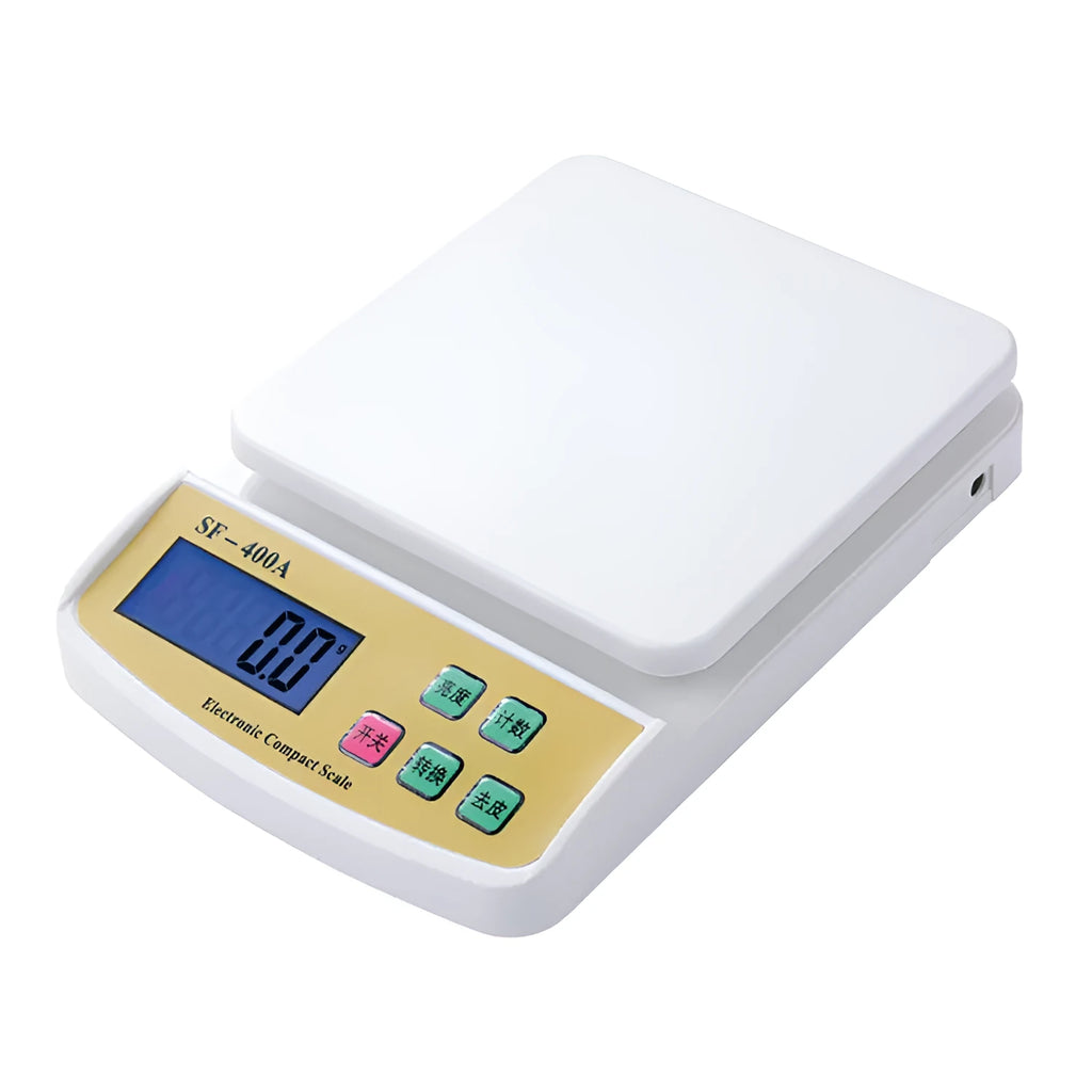 SF-400A electronic kitchen scale with digital display, battery compartment, and weighing platform