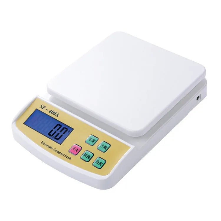 SF-400A electronic kitchen scale with digital display, battery compartment, and weighing platform