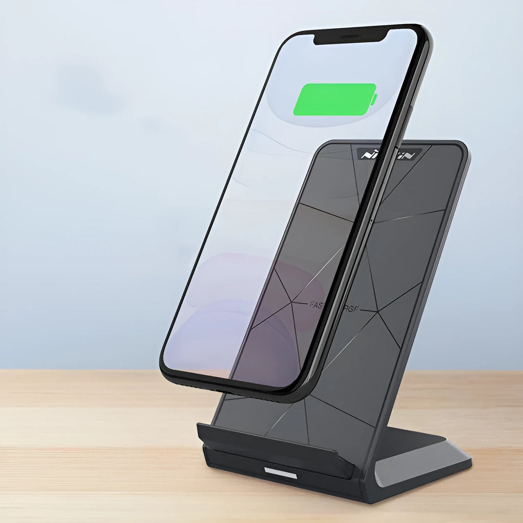 Black Vertical Pro Fast Wireless Charger upright with indicator light, 2000mA, 5V input, 122x73x83mm
